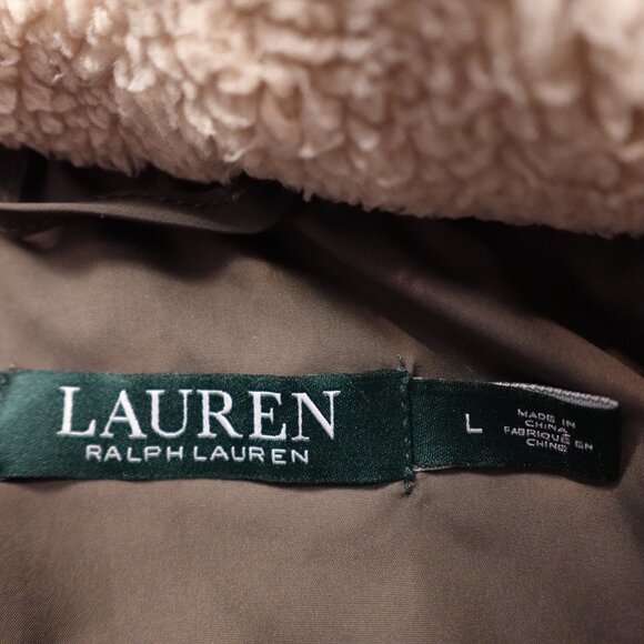 Lauren Ralph Lauren Down Puffer Coat Women’s Large Taupe Hooded Faux Fur - Picture 4 of 16